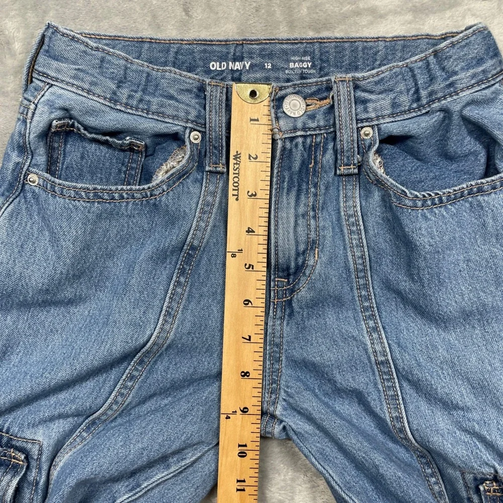 Old Navy Cargo Jeans Kids Size 12 Blue High‎ Rise Baggy Built-In Tough Wide Leg
